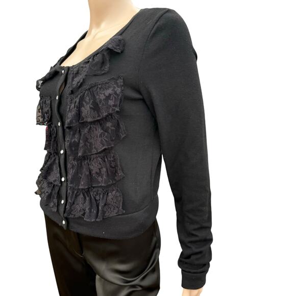 Studio Y Women Black Knitted Lace Ruffle Long Sleeves Button Front Cardigan M - Picture 3 of 5